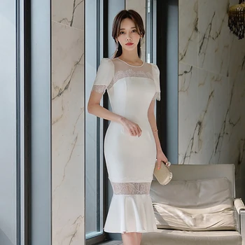 New sosire moda rochie de șifon femei elegante de vara sexy o-gât perspectivă rochie de petrecere temperament alb rochie sirena