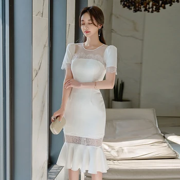 New sosire moda rochie de șifon femei elegante de vara sexy o-gât perspectivă rochie de petrecere temperament alb rochie sirena