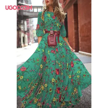 UGOCCAM Femeie Rochie de Imprimare Florale Rochie de Toamna Elegant Maxi Dress O-Gât Rochii Lungi pentru Femei Doamnelor Sundress Vestidos de festa