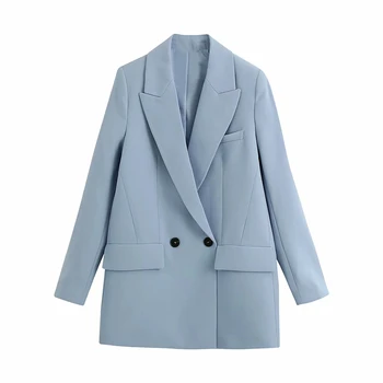 Uscat ins blogger de moda dublu rânduri supradimensionat vintage albastru sacou pentru femei sacou mujer 2020 femei blazere și jachete bluze