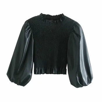 Za Top Negru Din Piele Faux Zburli Crop Top Pentru Femei 2020 Moda Gât Înalt Elastic Ruched Puff Maneca Bluza Femeie High Street Topuri