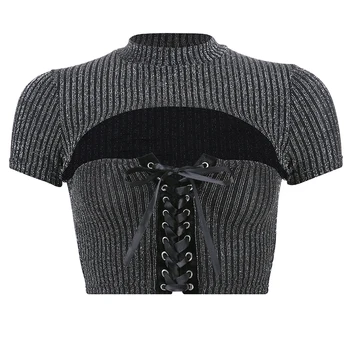 Rockmore Criss Cross Bandaj T-Shirt Femei Goale Sexy Crop Top Cu Maneci Scurte Lurex Cu Nervuri De Bază Tricouri Tricouri Streetwear