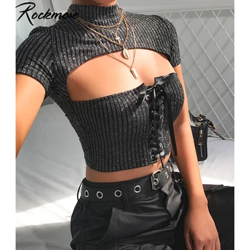 Rockmore Criss Cross Bandaj T-Shirt Femei Goale Sexy Crop Top Cu Maneci Scurte Lurex Cu Nervuri De Bază Tricouri Tricouri Streetwear