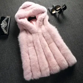 Noi vesta de blana faux haină de blană de vulpe vesta cu gluga dungă verticală mediu-lung vesta femei Jacheta de Iarna Uza casaco feminino