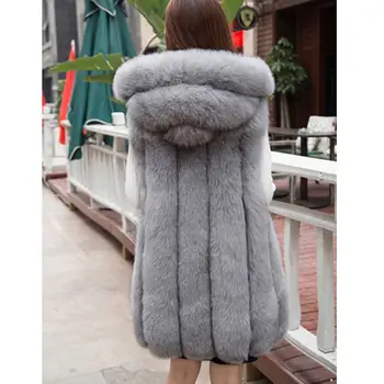 Noi vesta de blana faux haină de blană de vulpe vesta cu gluga dungă verticală mediu-lung vesta femei Jacheta de Iarna Uza casaco feminino