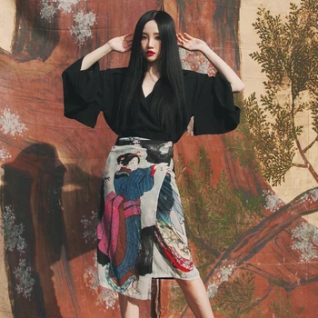 2020 Femeie Japoneză Stil Kimono Menajera Imprimare cu bandaj Split mâneci lungi Rochie