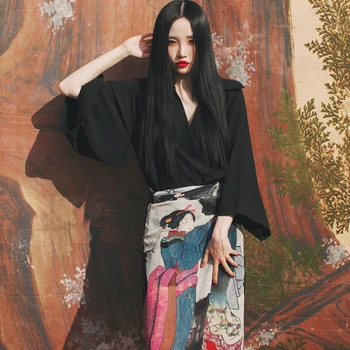 2020 Femeie Japoneză Stil Kimono Menajera Imprimare cu bandaj Split mâneci lungi Rochie