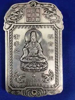 Colectie Chineză Tibet Argint Sculptate Thanka Amuleta Guan Yin Kwan-yin Bodhisattva Rafinat Pandantiv Mic Statui