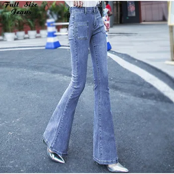 Plus Dimensiune Extra Lungi Pocket Flare Jeans Pantaloni 2XL Femei Vintage Albastru Mijlocul Talie Largi Picior Sexy Bell-Bottom Long Pantaloni din Denim