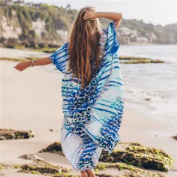 2021 Albastru Boem Imprimat Dantela Sus V-Neck Lilieci Maneca Vrac Rochie De Vară Pe Plajă Caftan Femei, Plus Dimensiune Îmbrăcăminte De Plajă Maxi Rochie Q736