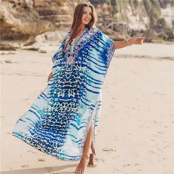2021 Albastru Boem Imprimat Dantela Sus V-Neck Lilieci Maneca Vrac Rochie De Vară Pe Plajă Caftan Femei, Plus Dimensiune Îmbrăcăminte De Plajă Maxi Rochie Q736