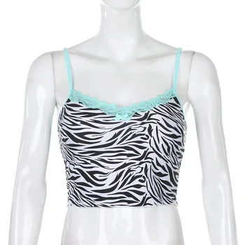 ArtSu De Vară 2020 Zebra Patten Casual Rezervor Topuri Pentru Femei De Moda Streetwear Marginea Dantelă Bretele V Gât Sexy Crop Top Club