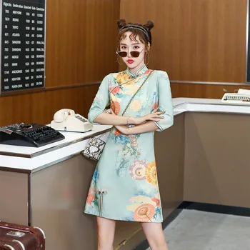 Chineză Traditioal Doamna Cheongsam Sexy de Imprimare de Flori Qipao Epocă Mandarin Guler Rochie Eleganta Scurta Vestidos de Dimensiuni Mari 3XL