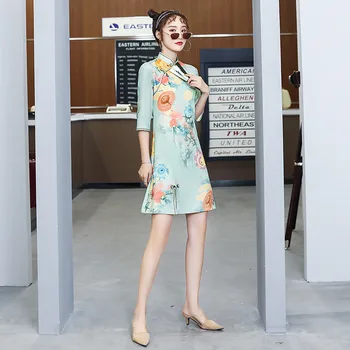Chineză Traditioal Doamna Cheongsam Sexy de Imprimare de Flori Qipao Epocă Mandarin Guler Rochie Eleganta Scurta Vestidos de Dimensiuni Mari 3XL