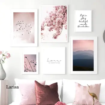 Modern, de culoare roz proaspat peisaj poster flori pasăre și vârf de munte panza pictura decor de perete printuri de imagine pentru camera de zi