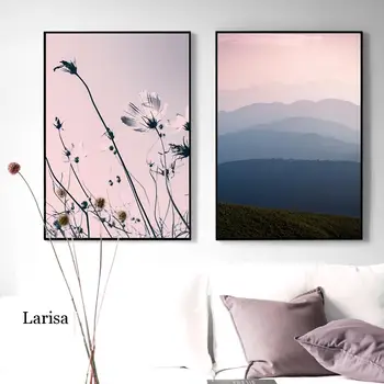Modern, de culoare roz proaspat peisaj poster flori pasăre și vârf de munte panza pictura decor de perete printuri de imagine pentru camera de zi