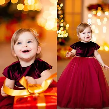 2018 Brand Nou De Crăciun Formale Printesa Rochie De Petrecere Pentru Sugari Copii Baby Girl Petală Maneca Dantela Catifea Mozaic Retro Rochie Tutu
