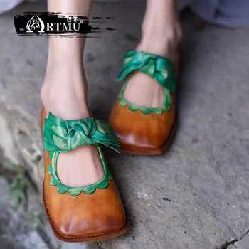Artmu Original Retro Dulce pentru Femei Pantofi Deget de la picior Pătrat de Fluture nod Plat Pantofi din Piele lucrate Manual Pantofi 1812-02