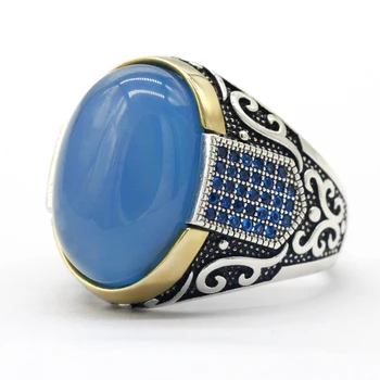 Noi autentică veche din argint, albastru turcesc albastru zircon inel și albastru piatră de agat barbati colorate punk rock bijuterii