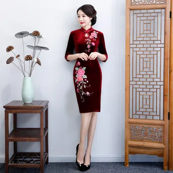 Toamna Iarna Noi Plus Dimensiune Catifea Qipao Femei Elegante Chineză Manual Butonul Slim Cheongsam Epocă De Imprimare De Flori Rochie De Seara
