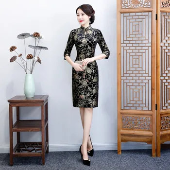 Toamna Iarna Noi Plus Dimensiune Catifea Qipao Femei Elegante Chineză Manual Butonul Slim Cheongsam Epocă De Imprimare De Flori Rochie De Seara