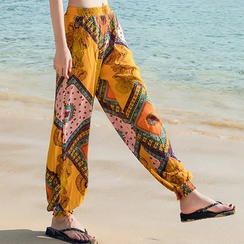 Femei Subțire Pantaloni De Plajă Boem 2019 Primavara-Vara Pantaloni Sex Feminin Talie Mare Harem Pantaloni Plus Dimensiune Liber De Imprimare Bloomers Adolescent