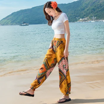 Femei Subțire Pantaloni De Plajă Boem 2019 Primavara-Vara Pantaloni Sex Feminin Talie Mare Harem Pantaloni Plus Dimensiune Liber De Imprimare Bloomers Adolescent