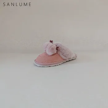 SANLUME de Iarna Roz Pantofi Plat pentru Femei Interioară Doamnelor Papuci de Casă din Piele Țină de Cald Lână, piele de Căprioară Vacă Confortabil anti-Alunecare Pe