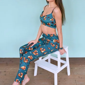 Curea De Spaghete Fox Pijamale De Imprimare De Vară De Două Bucata Set Top Si Pantaloni De Pijamale Din Satin Femei V-Gât Sexy Pijamale Model 2020