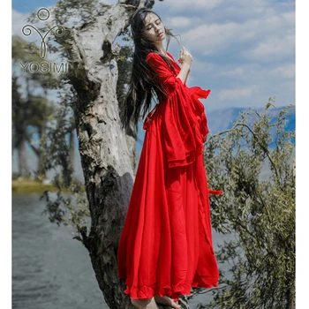 YOSIMI 2019 Rochie de Vara Maxi Elegant Alb Șifon Lung Femei Rochie de Partid O-gât Roșu Fluture Complet Maneca Feminin Vestido Mult