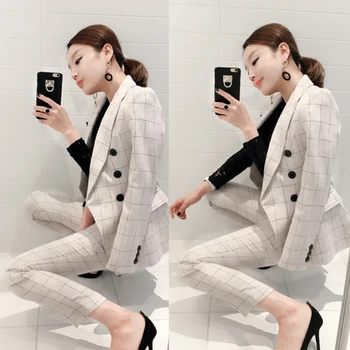 2018 Toamna Elegante, Office Lady Gâfâi Costum Set De Femei De Afaceri Uzura De Muncă În Set De Două Piese Plaid Blazer Jacheta & Slim Pant Set