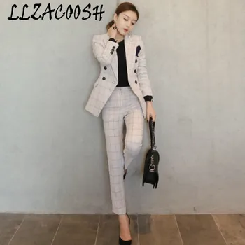 2018 Toamna Elegante, Office Lady Gâfâi Costum Set De Femei De Afaceri Uzura De Muncă În Set De Două Piese Plaid Blazer Jacheta & Slim Pant Set