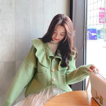 Primavara Toamna Volane Tricotate Cardigan Pulover Femei Coreene Maneca Lunga Moale Drăguț Haina Fete Chic Portocaliu Verde Bej Îmbrăcăminte Exterioară