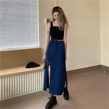 Femei Vara Neregulate Talie Mare Buzunar De Blugi Fuste Sexy Femeie Folie Split-Coreean Vintage Lungi Denim Fusta Harajuku Streetwear