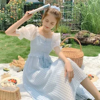 Vintage Retro Zână Rochie De Femei Pe Mâneci Șifon Carouri Rochie De Vara Mozaic Designer Francez Stil Elegant Rochie Coreeană 2020