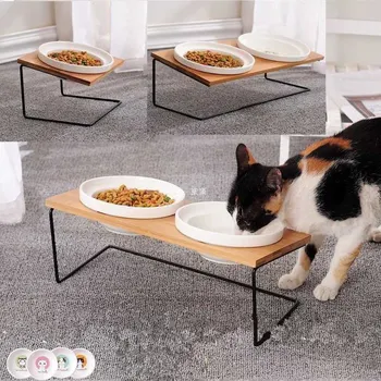 Pisica drăguț Castron High-end de Companie Bol Bambus Raft Ceramic Alimentare și de Băut Castroane pentru Caini si Pisici Pet Feeder Câine Dublu Boluri