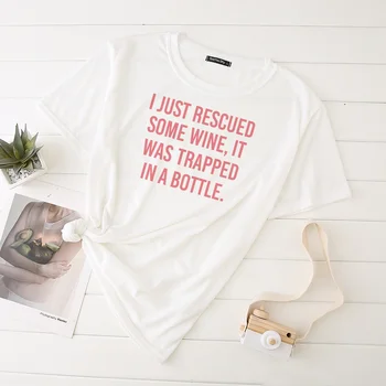 Am Salvat Niște Vin A Fost Prins Într-O Sticlă Alb Roz Supradimensionate Femeie Tricouri Blusa Basica Feminina Topuri pentru Femei 2020