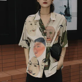 TVVOVVIN Japoneză Streetwear Ukiyoe Print Bluza de Vara Femei 2020Collared Button Up Shirt Short Sleeve Top, Bluza Haine 8VP6