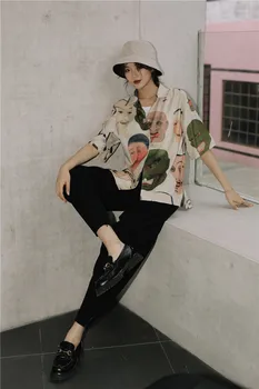 TVVOVVIN Japoneză Streetwear Ukiyoe Print Bluza de Vara Femei 2020Collared Button Up Shirt Short Sleeve Top, Bluza Haine 8VP6