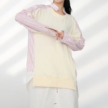 [MEM] Femei Carouri Irrgular Mare Dimensiune Bluza Lunga Nouă Gât Rotund Maneca Lunga Tricou Vrac Moda Primavara Toamna anului 2021 1DD035107