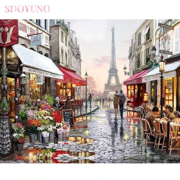 SDOYUNO Paris Strada florilor peisaj diy cadru pictură în ulei de numere pentru adulți imagini de artă de numere vopsele acrilice set