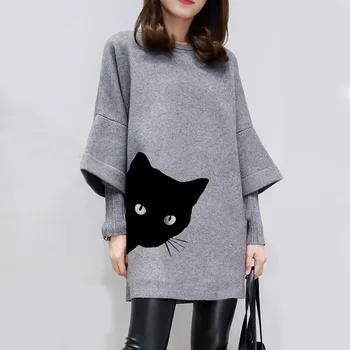 Rochie de femei de Moda Tipărite Pisica Animal Mozaic Liber Plus O Gatului Maneca Lunga Bluza Rochie Mini Vestidos de îmbrăcăminte europene