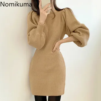 Nomikuma-coreean O-gât Puff Maneca Lunga Rochii Tricotate Sexy Slim Bodycorn Vestidos Elegant Talie Mare pentru Femei Rochie Pulover 6D860