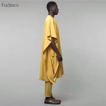Fadzeco Agbada 2019 Bărbați Afro Broderie Dashiki Galben Doudou Topuri cu Maneci Scurte Pantaloni 3PCS Plus Dimensiune Mens Haine Halat de Bazin
