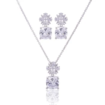 Clar CZ culoare alb cubic zircon micro cadru tubular de flori de nunta rafinat colier cercei set bijuterii femei