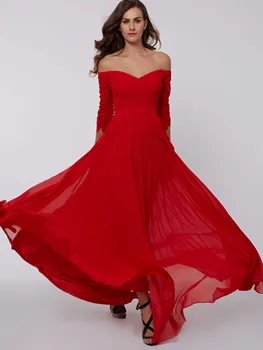 Dar să revenim la roșu a-line rochie lunga de seara ieftine de pe umăr fermoar până mâneci 3/4 lungime pliuri ruched rochie de seara șifon