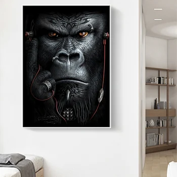 Maimuțele Ascult Muzica Arta de Perete Postere si Printuri Abstracte, Animale Tablouri Canvas Nordic Imagine pentru Camera de zi