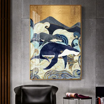 Rezumat Animale Ocean Balena Răsărit De Soare Peste Mare Scena Poster De Imprimare Panza Picturi Arta De Perete Imagini Living Decor Acasă