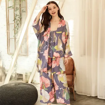 2020 Vânzare FIERBINTE Femei Vrac Subțire Set de Pijama Stil Proaspat Floral Imprimat Doamnelor Cardigan Elegant+Sling+Pantaloni 3PCS Sexy Homewear