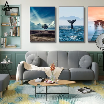 Balena Coada Decor Albastru Ocean Postere Deșert Copac Pictura Panza Printuri De Arta De Perete Moderne Imagine Acasă Living Decalcomanii